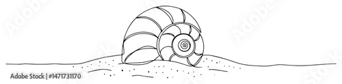 black and white vector of seashell partially buried in sand, minimalist one line ocean beach drawing