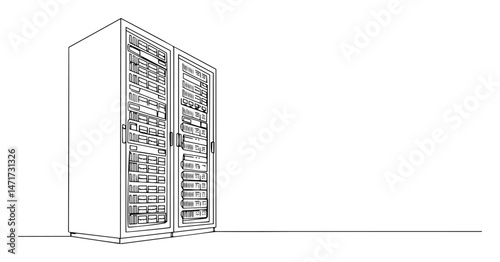 black and white vector of server cabinet with detailed data equipment in lineart style