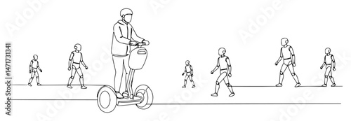businessman on segway among motionless figures, minimal futuristic concept, black and white vector line art