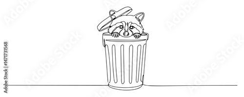 hand drawn vector of a raccoon peeking from trash can, playful animal illustration