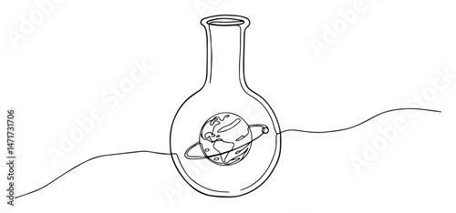surreal vector of a planet inside a lab flask drawn in one minimal continuous line
