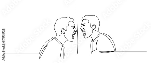 two angry men shouting at each other, lineart vector of confrontation and stress