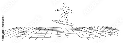 vector of a man surfing on digital grid waves in minimalist tech line art style