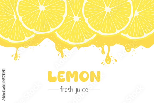 Background of fresh lemon, juice with drops, splashes and pieces of fruit