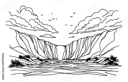 scenic waterfall landscape sketch – vector illustration