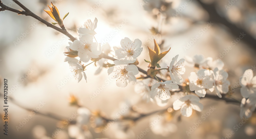 Obraz premium Cherry blossoms in soft sunlight, spring blooming