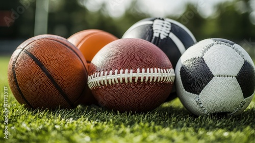 A collection of sports balls on a grassy field, including a soccer ball, basketball, and football, with a blurred background of trees and a fence.