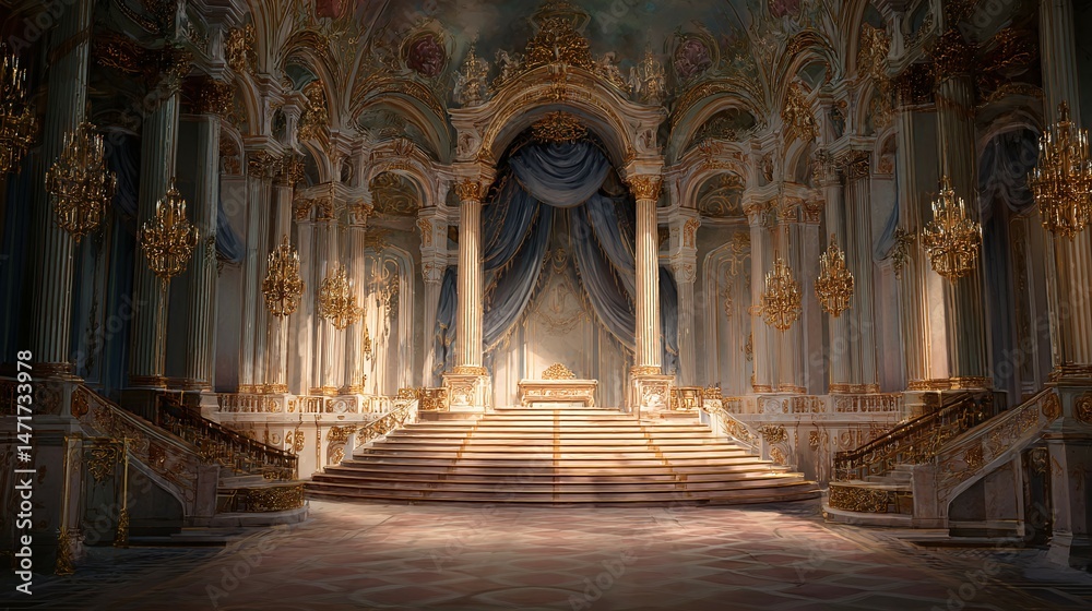 Obraz premium Ornate hall with columns stairs and drapes in gold and blue tones.