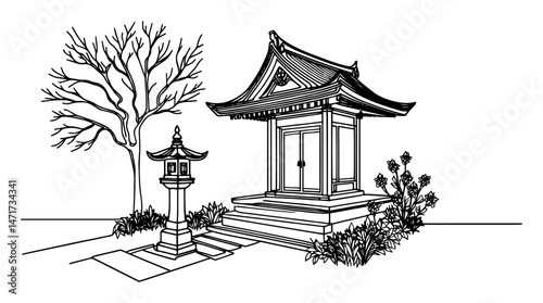 black and white vector of japanese garden pavilion with lantern, stairs and plants, line art style