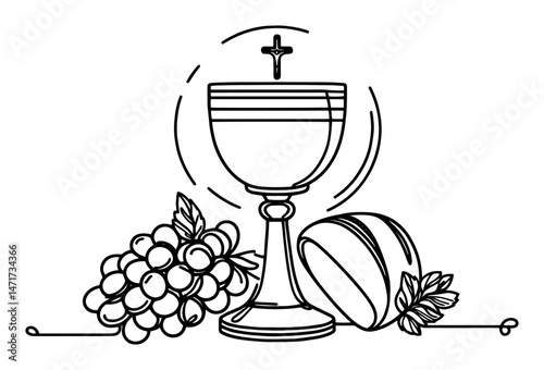 black and white vector of chalice, host, grapes and bread, symbolic holy communion elements