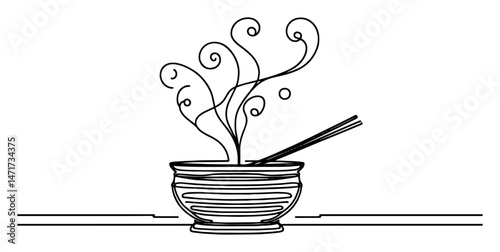 vector of hot steaming food in bowl with chopsticks, minimal asian cuisine line drawing