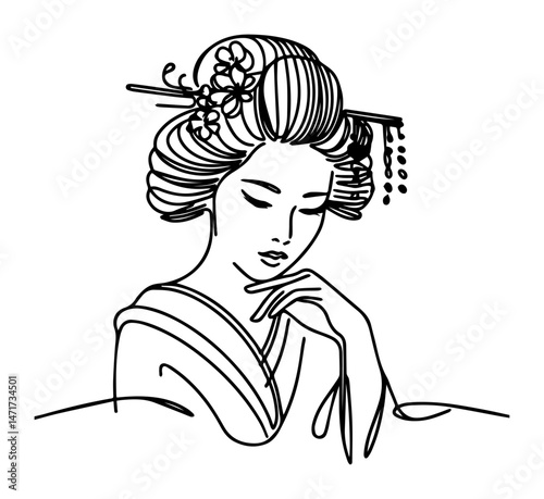 graceful geisha in traditional hairstyle and kimono drawn in elegant black and white line