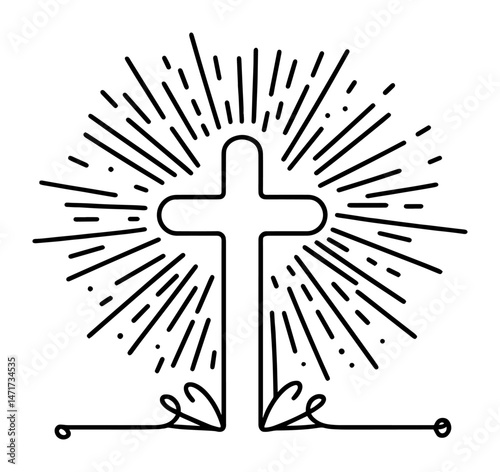 line art vector of cross with radiating rays, minimalist christian symbol in black and white
