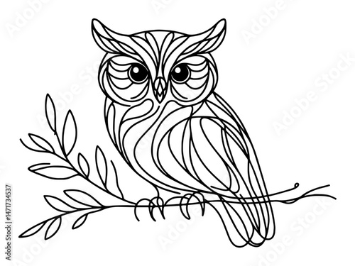 decorative line art vector of owl sitting on branch, black and white minimalist style