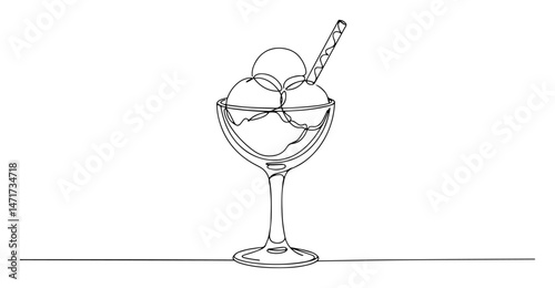 minimalist vector of an ice cream dessert in a glass bowl with wafer stick, clean line art style on white background