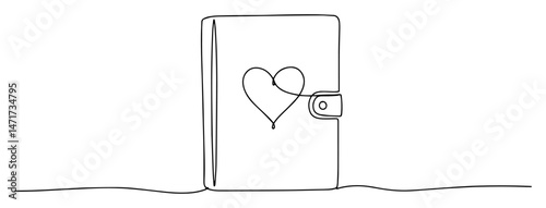 minimalist vector of a notebook with heart on cover drawn in one line