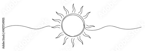 sun drawing in single continuous line style, abstract solar vector design, black and white illustration