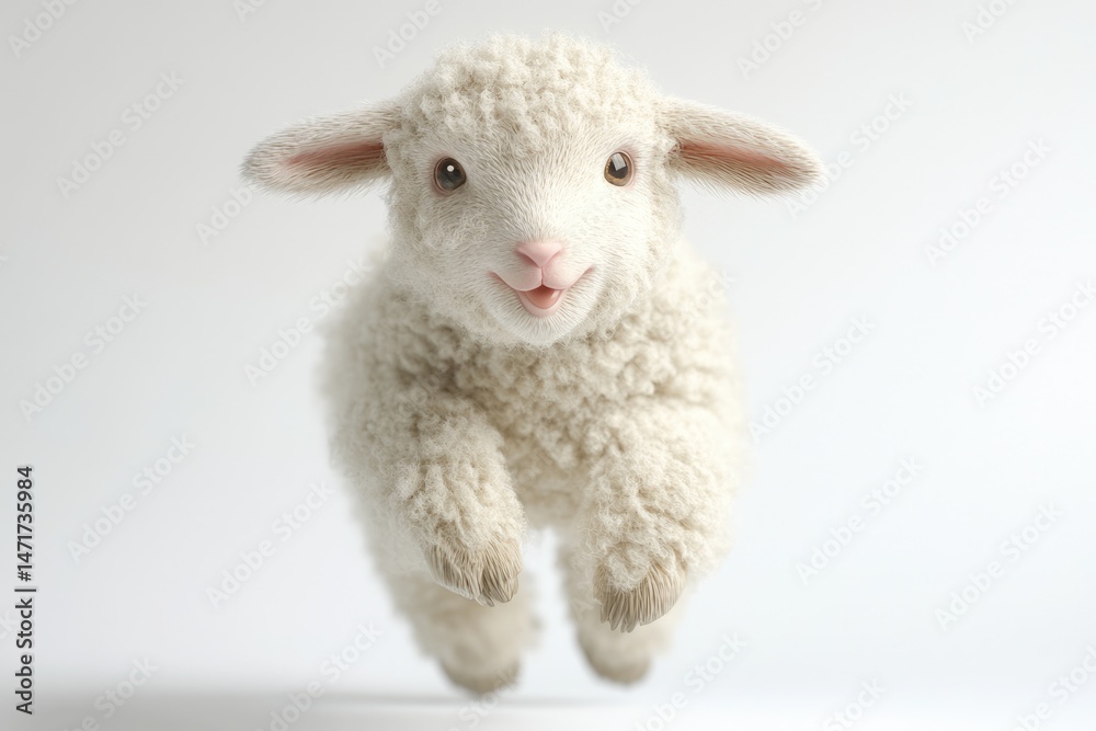 Fototapeta premium A fluffy, white lamb leaps joyfully against a stark white background, its eyes full of life and tiny smile captivating.
