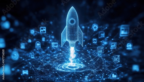 Futuristic rocket launching into digital network photo