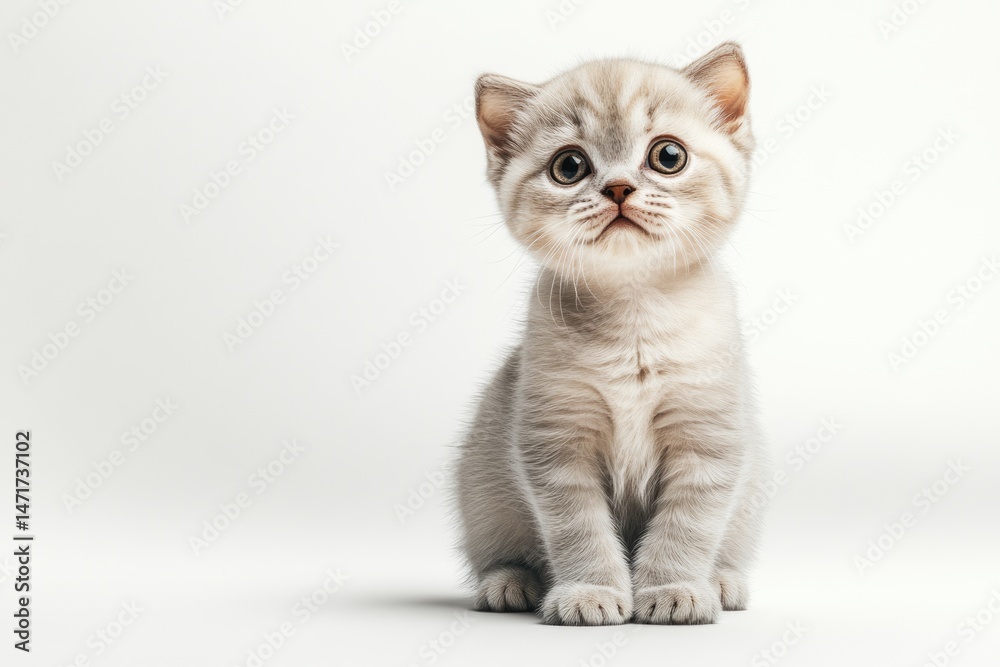 Obraz premium A cute, silver tabby kitten with large, expressive eyes sits against a clean, white background, looking directly at the viewer.