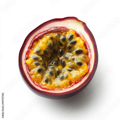 A halved passion fruit showcasing its vibrant orange pulp filled with black seeds, isolated on a white background