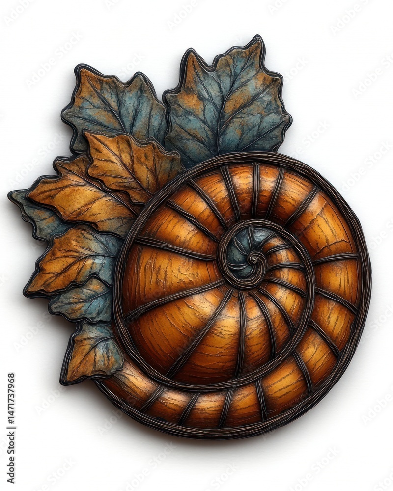 Fototapeta premium Ornate seashell, autumnal leaves