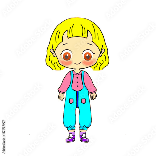 Cute cartoon girl with blonde hair wearing blue overalls stands smiling on white backdrop, radiating childlike innocence and playful charm.