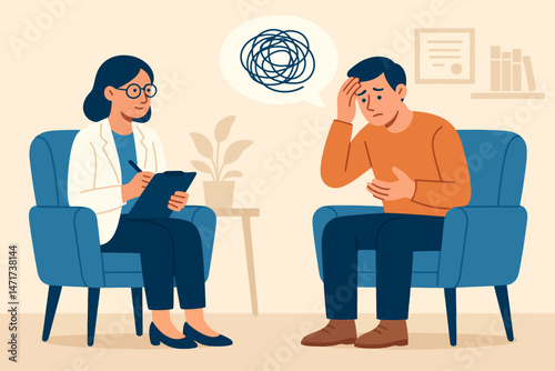 Flat-style vector illustration of a mental health therapy session between a psychologist and a patient in a calm office setting, symbolizing emotional support, psychological care, and mental wellness.