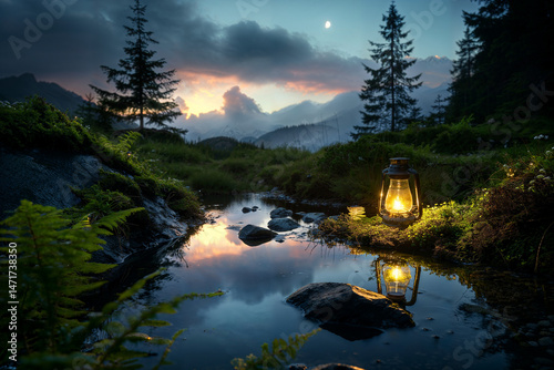 Lantern with a Peaceful Sunset by a Forest Creek