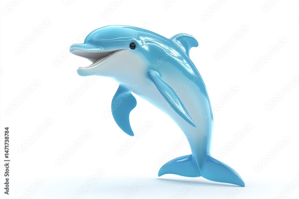 Obraz premium A glossy, light blue dolphin stands smiling on a white surface, embodying a whimsical and stylized aquatic representation.