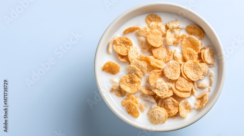 Golden corn flakes sit submerged in creamy milk within a white bowl, viewed from directly above against a soft blue background, forming a nutritious breakfast.