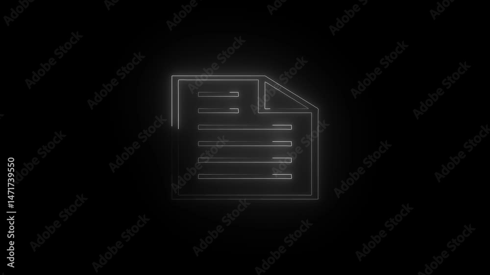 Neon icon of a document or text file animation on a background.