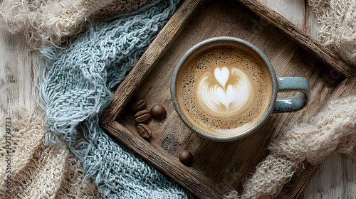 Warm coffee flat lay in a cozy caf rustic vibes lifestyle imagery soft light inviting atmosphere