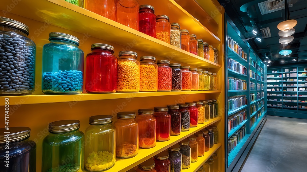 custom made wallpaper toronto digitalBrightly colored jars of assorted pills line the shelves, adding vibrancy to the modern pharmacy's appeal .
