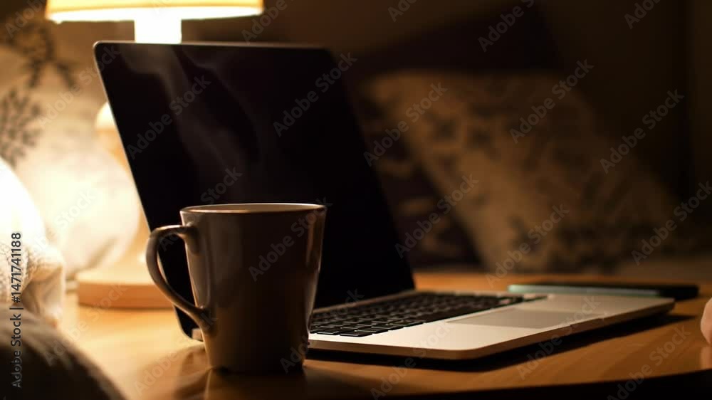 Cozy evening workspace with a laptop and warm coffee cup during nighttime