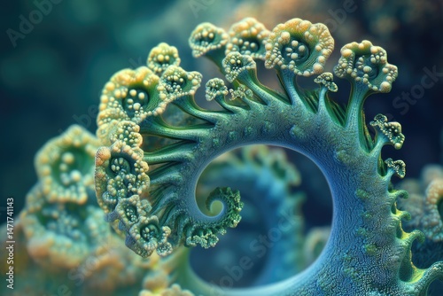 Detailed macro shot of a fractal structure with organic, coral-like shapes in hues of teal, green and yellow, exhibiting intricate textures.