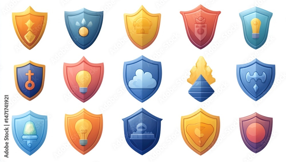 Colorful shield icons with various abstract symbols Colorful shield icons with various abstract symbols