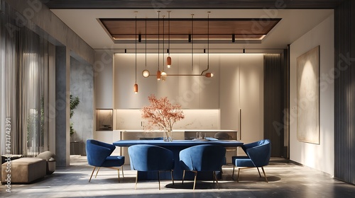 Japandi, minimalist interior design of modern living room. Dining room with blue dining table and stylish chairs. .