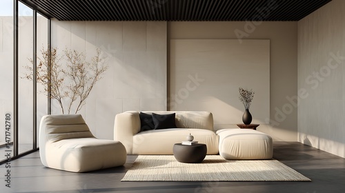 Minimalist, japandi interior design of modern living room. .