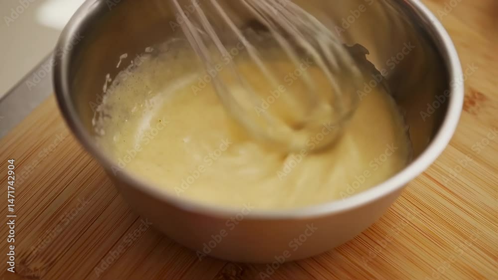 Whisking Creamy Sauce in Metal Mixing Bowl
