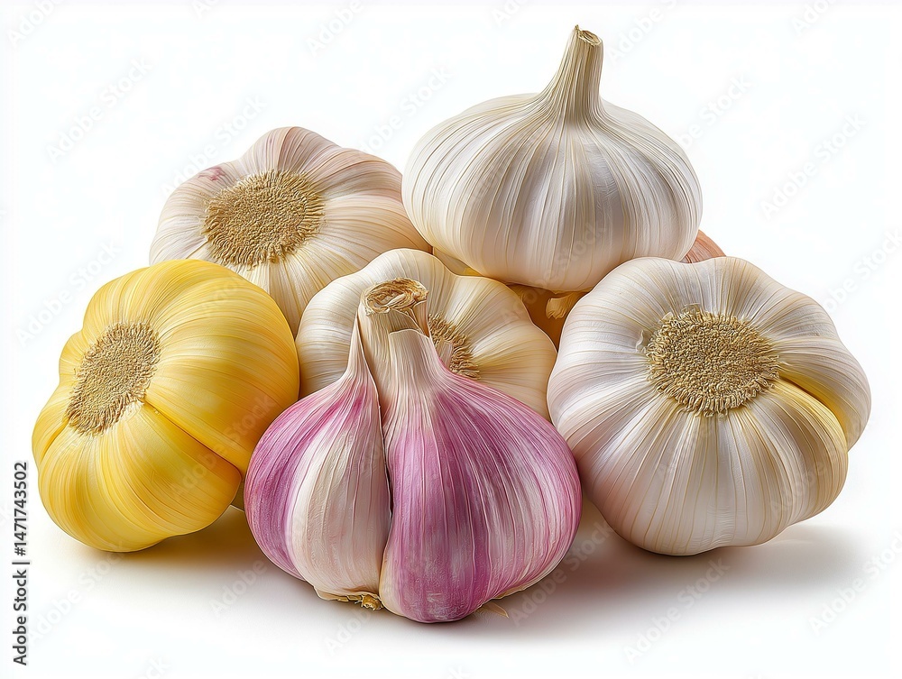 Obraz premium A vibrant assortment of garlic varieties showcasing their unique colors and shapes, perfect for culinary inspiration.