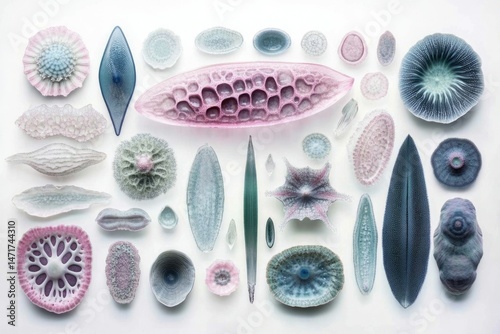 Microscopic diatoms and radiolarians, intricately detailed, showcased in a stunning arrangement.