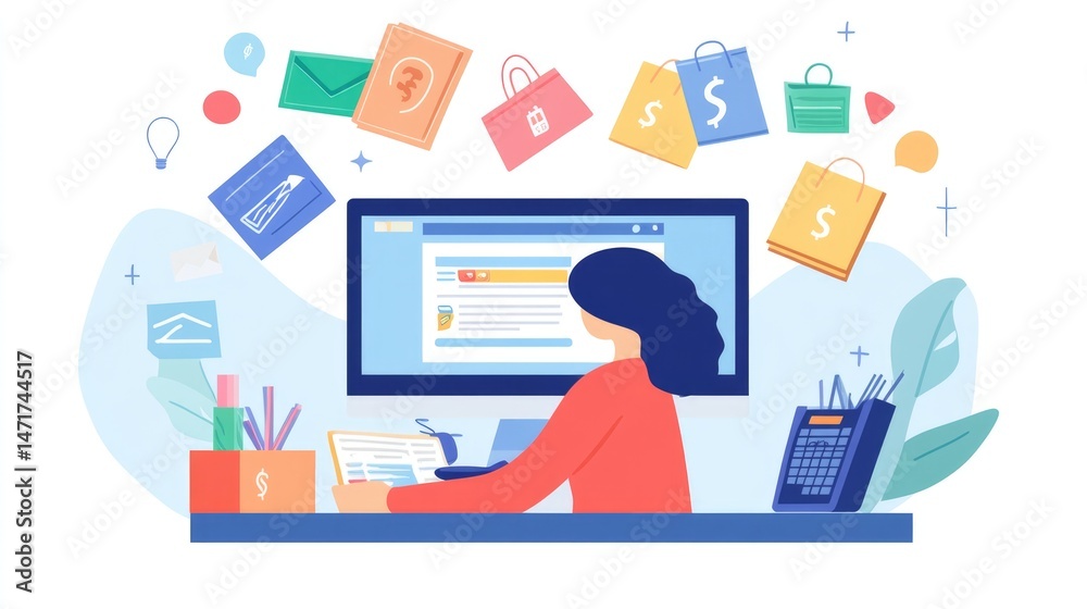 Obraz premium E-commerce Business Woman Working on Computer