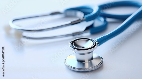 A blue stethoscope with a blue and silver metal bell, lying on a white surface with a blurred background.