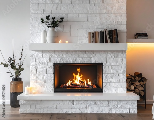 A stylish modern fireplace with white stone surround, decorated mantel featuring