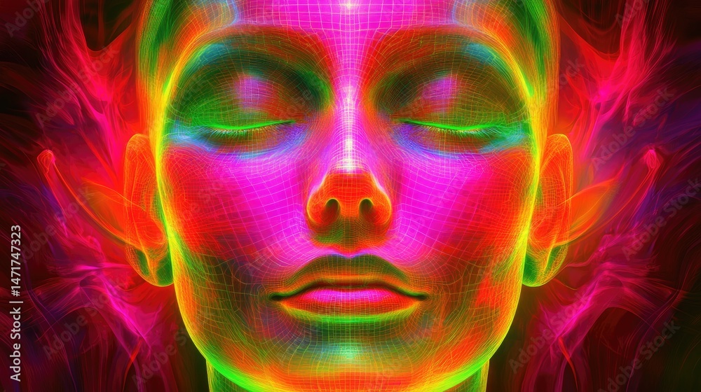 Abstract digital portrait of a serene face, glowing with vibrant colors and ethereal energy Abstract digital portrait of a serene face, glowing with vibrant colors and ethereal energy