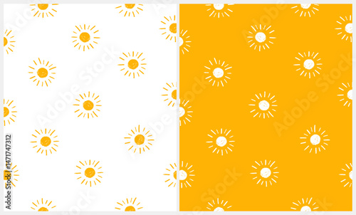 Cute Childish Seamless Vector Patterns With Hand Drawn Sun on a White And Yellow Background. Infantile Style Endless Design With Doodle Sun. Sunny Wallpaper. Crayon Drawing-like Abstract Sun.