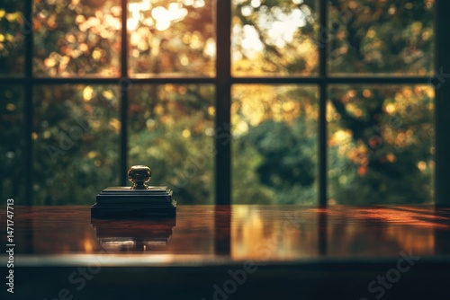 A sophisticated desk with a vintage paperweight and a blurred window view of autumn leaves, creating a warm, nostalgic ambiance. photo