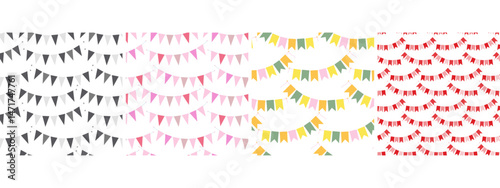 Festive pennant garland on rope Seamless Pattern Grayscale Monochrome pink, red and multicolored Set