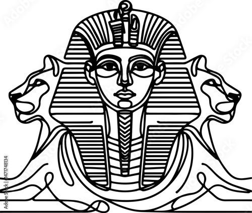 Egyptian Pharaoh Illustration with Lion Heads in Linear Style  